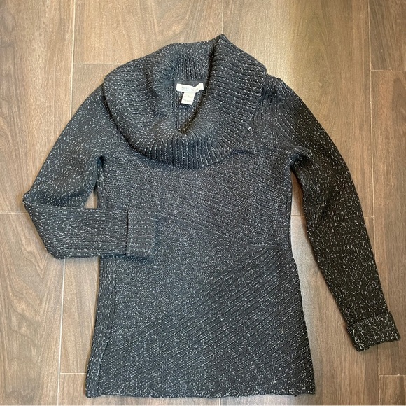 WHITE HOUSE BLACK MARKET Black with Metallic Silver Thread Cowl Neck Sweater - Picture 3 of 5